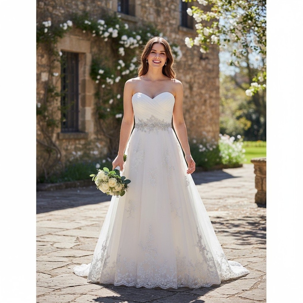 Wtoo Brides by Watters Strapless Sweetheart Wedding Dress Lace Waistline Size 8